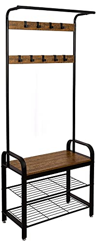 Meerveil Garderobenständer Vintage, Garderobe Industrial, Schuhregal mit Sitzfläche, Metallgestell Kleiderständer mit 9 abnehmbaren Haken, 2 Gitterablagen, 72 x 34 x 183 cm, Retrobraun-schwarz