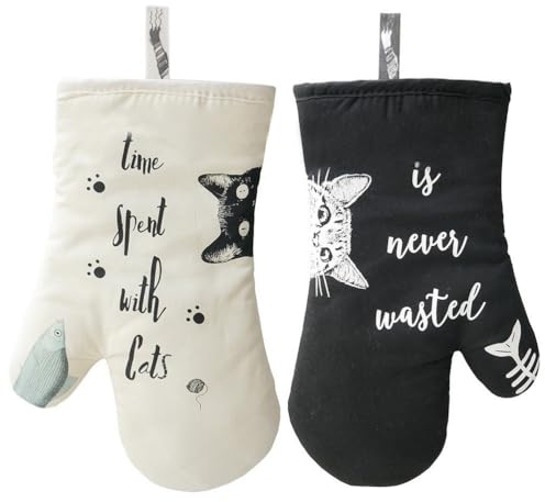 kuou Cat Oven Glove, Heat Resistant Oven Mitt, Non-slip Kitchen Gloves for Cooking Pot Holder Grilling BBQ Baking (Black and White)