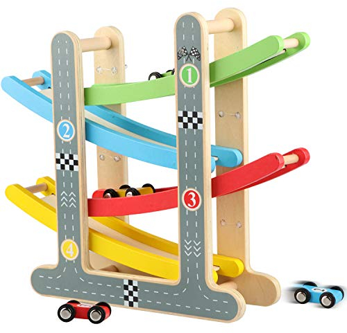 Jacootoys Pista Macchinine per Bambini Piccoli, Pista Auto Giocattolo Macchine Corsa, Pista da Corsa in Legno Giochi con 4 Mini Auto