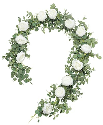 SHACOS 6FT/185cm Künstliche Blumengirlande Hochzeit Kunstblumen Girlande Rosengirlande Weiß Pfingstrosen Blumengirlande Künstlich Eukalyptus Girlande Hängend Rebe für Dekor, Garten, Fest