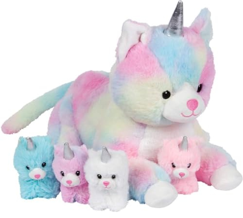 PixieCrush | Einhorn Stofftiere – Plüschtiere – Niedliches Squishy Kissen Spielzeug – Gefüllte Mama Einhorn Kitty Katze mit 4 Baby-Einhörnern – Geschenk Geschenk Tierkissen für Kinder, Mädchen und