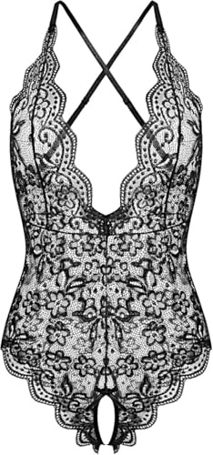 Lahaima Women One Piece Lingerie Sexy Teddy V Neck Bodysuit Lace Nightie (Black, X-Large)