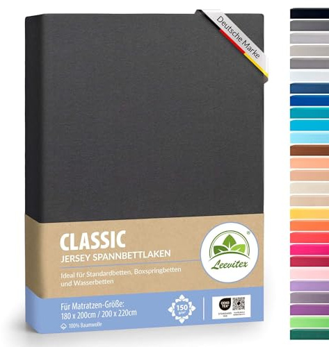 Boxspringbett & Wasserbett Spannbettlaken von leevitex® | Spannbetttuch | ÖKO-TEX | 180x200 – 200x220 cm | 100% Jersey-Baumwolle | 150 g/m² | 40 cm Steg | Anthrazit