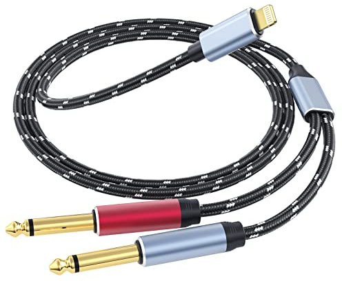 DCNETWORK Lightning to Dual 6.35mm TS Audio Y Cable, Stereo Splitter for iPhone 12/11/X/XS/XR/8/7/iPad, 2×1/4 Inch Audio Cable to Speaker, Amplifier, Headphones, Mixing Console - 2M