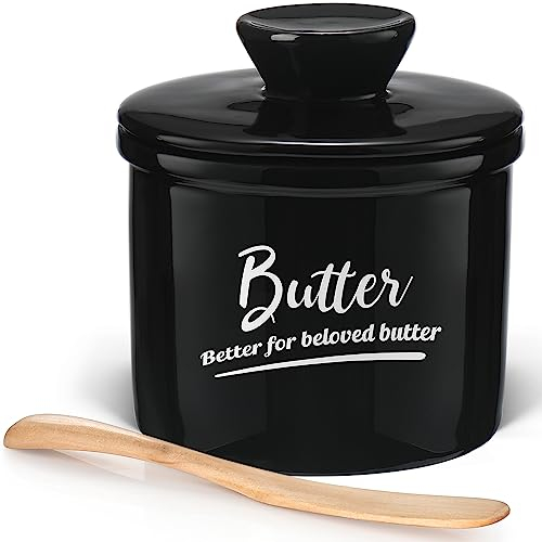 Butter Keeper Crock with Water,Ceramic Butter Crock for Counter – Keeps Butter Soft & Fresh for 2-5 Weeks, Butter Crock with Lid and Knife for Countertop (Black)