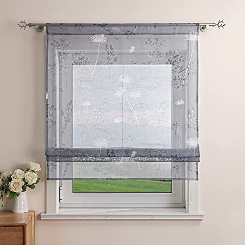 Delien Raffrollo Leinenoptik Transparente Rollos Landhaus Küche Gardine Modern Raffgardine mit Blumendruck »Löwenzahn« Bändchenrollo für Klein Fenster mit Tunnelzug BxH 120x140cm,Grau