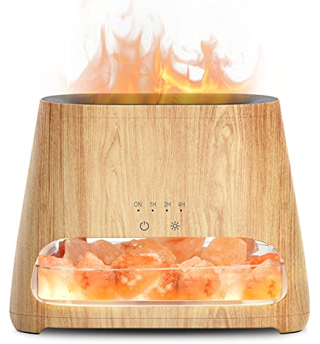 SALKING 2 in 1 diffusore di olio essenziale & Lampada 100% Puro sale himalaya, Ultrasuoni Aromaterapia con Luce a Effetto Fiamma, Umidificatore con 3 Luminosità, 150ml