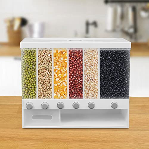 Futchoy Dispensador de arroz, 6 divisiones, dispensador de alimentos secos de pared para cereales, arroz, nueces, dulces, granos de café, aperitivos, cereales