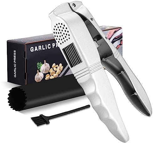 Sxiocta Knoblauchpresse, Metall, Spülmaschinenfest, Ergonomischer Griff, Robust, Schälset, Reinigungsbürste, Silber