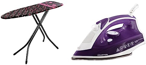 Minky Large Ironing Board with Scorch Resist Zone, HH40203107K, Black, Large Compact & Russell Hobbs Supreme Steam Traditional Iron 23060, 2400 W, Purple/White