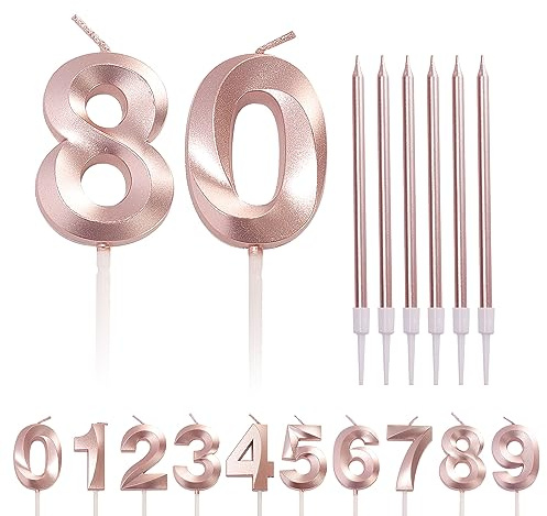 Rose Gold 80th Birthday Candle Number 80, Long Candles for Cake Topper, Age 80 Cake Decorations in Rose Pink