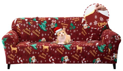 Jaotto Sofabezug 4 Sitzer Elastischer Stretch Spandex Sofa Überwürfe Sofahusse Antirutsch Waschbar Sofaschoner Couchbezug für Sofa mit Armlehne,Weihnachtsmann