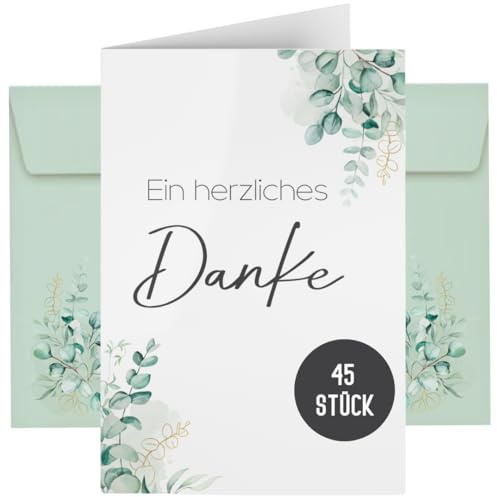 45 Dankeskarten inkl. Umschläge für Hochzeit, Standesamt, Geburtstag, Baby, Kommunion, Jugendweihe, Taufe | Karte Danke | Klappkarte DIN A6 (Eucalyptus 45 Stück)