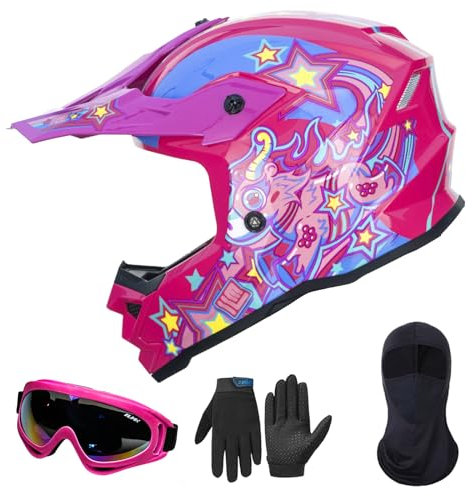 ILM Kinder Motorradhelm Fullface Helm MTB Downhill Dirt Bike Motocross Kinderfahrradreithelm mit Brille Maske Handschuhe Junge und Mädchen ECE22.06 Model Z705,Starlight Pony,M