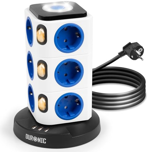 Duronic ET12L multiuttag | uttagstorn med 3 USB-portar och beröringskänsligt nattljus | 12-vägs uttag 3680W 16A | uttagslist med överspänningsskydd | uttagstorn med 1,8 m kabel