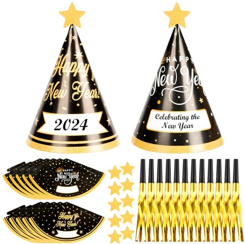 HONMOK 24pcs Sombreros de cono de papel Nochevieja Foto Prop Accesorios Gorros para fiesta 2024 Año Nuevo y chillones Chillidos Oro Negro Decoración para Fiesta de Fin de Año 2024 New Year's Eve Party