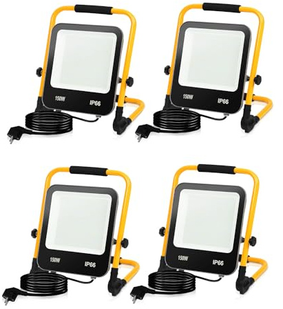 Randaco LED Baustrahler, 4x150W 12000LM Tragbar LED Arbeitsleuchte Baustrahler 6000K Kaltweiß Bauscheinwerfer, IP66 Wasserdicht mit 3M Kabel und Faltbarer Ständer, für Baustelle (mit Stecker)