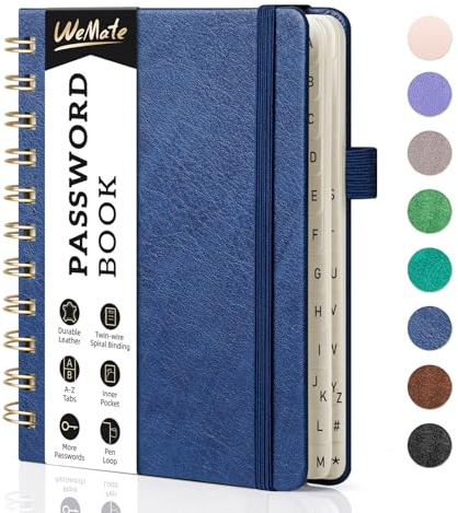 WEMATE Spiral Passwort Buch mit A-Z-Register, A6, 10.5 x 14.8cm, Marineblau | Für Logins und Zugangsdaten, Felder für Benutzernamen und Passwörter, Spiralbindung, Für Senioren geeignet