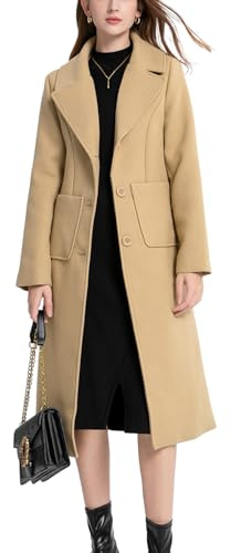 Sukany Women's Winter Casual Notch Lapel Wool Blend Coat Single Breasted Mid Long Pea Coat Jacket
