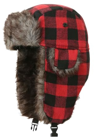 XNIVUIS Unisex Winter Warm Hat with Ear Flaps,Russische Mütze,Karierter Hut,Trapper Hat,Weiche Kunstfellmütze mit Ohrenklappen,Ohrenschutz Gegen Wind und Kälte für Outdoor Warmhalten(Rot)