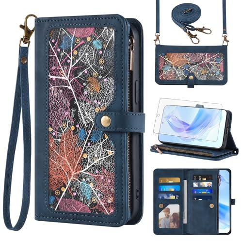 Asuwish Phone Case for Honor 90 Lite 5G Wallet Cover With Tempered Glass Screen Protector Crossbody Wrist Strap Leather Flip Pattern Zipper Credit Card Holder Stand Cell Honor90 90Lite CRT-NX1 Blue