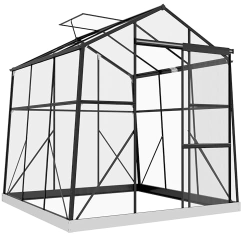 Outsunny Gewächshaus Aluminium mit Fundament 192 x 192 x 204 cm Schwarz | Treibhaus, 3,68 m², Tomatenhaus, Fenster, Schiebetür, Aufzucht Pflanzenhaus, für Garten, Balkon