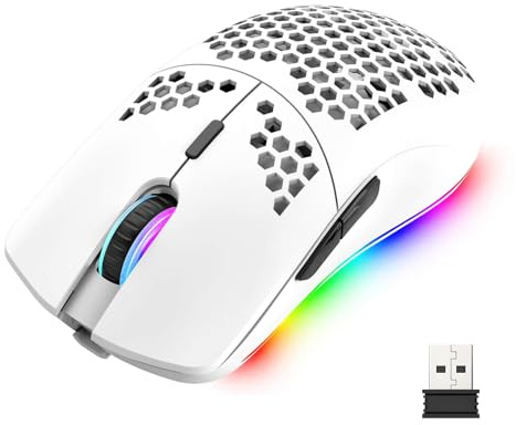 Mengshen RGB Gaming Maus Kabellos Mäuse mit Leichter Wabenschale Weiß | Hochpräzise Optisch Einstellbare 3200 DPI Ergonomisch für Windows PC Laptop Gamer