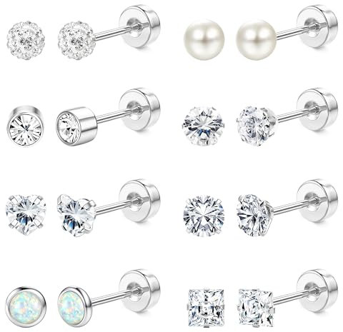 JeweBella 8 Pairs Klein Ohrstecker Chirurgenstahl Hypoallergen Medizinische Ohrstecker Opal Perle Cubic Zirkonia Ohrringe Set Piercing Ohr Schlafen Knorpel Ohrringe für Damen Mädchen mit Geschenkbox