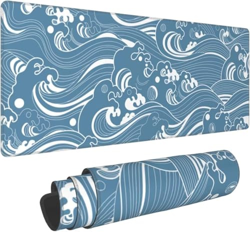 Tapis de Souris Gaming XXL 1000x500x3mm Grand Tapis de Souris Vagues Bleues Et Blanches avec Bords Cousus et Base en Caoutchouc Antidérapant Surface Spéciale Améliore la Précision et la Vitesse