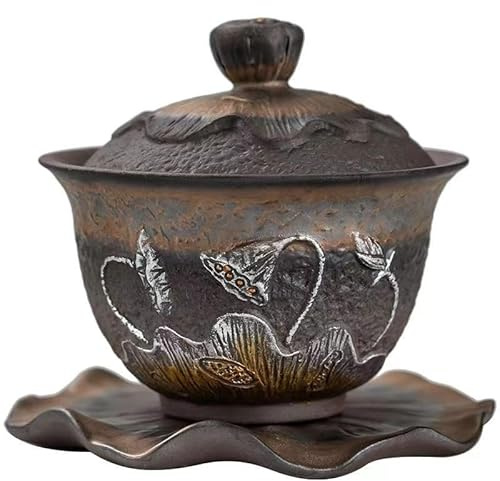 CioNeL Handgefertigtes Gaiwan-Teeservice aus Keramik, 250 ml, traditionelles chinesisches Porzellan-Teegeschirr, Retro-Lotus-Design, Kung-Fu-Teetasse mit Deckel und Untertasse