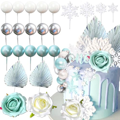 Blue Snowflake Flower Ball Cake Toppers Winter Themed Party Cake Decorations