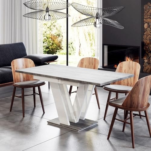 PROROOM FURNITURE MALVI Ausziehbarer Esstisch 120-160x80 cm Moderner Küchentisch Industrial Style Betonoptik Weiß Hochglanz