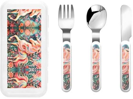 Ensemble de 3 couverts pour enfants, fourchettes et cuillères - Vaisselle portable et réutilisable - Motif licorne - Rose - En papier découpé