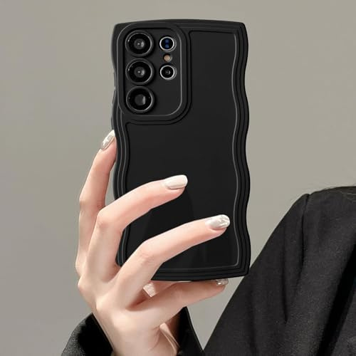 UEEBAI Wave Frame Case for Samsung Galaxy S25 Ultra 5G, Cute Wave Frame Slim Fit Shockproof Phone Bumper Cover Soft Pretty Curly Wavy Case Anti-Scratch TPU Case - Black