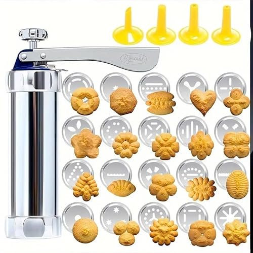 New Biscuit Maker with Assorted Accessories Set Biscuits Maker Press Machine Bakeware with 20 Cookies Molds 4 Nozzles for DIY Baking Biscuit Maker Cakes and Decoration
