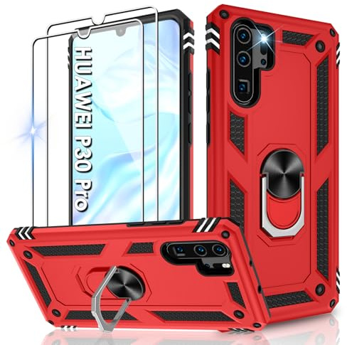 Jshru Handyhülle für Huawei P30 Pro Hülle Militärische Stoßsichere Schutzhülle mit Displayschutzfolie,360° Metall Ring Ständer TPU Bumper Aufprallschutz Case für Huawei P30 Pro,Rot