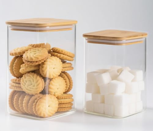 Bocaux en Verre Avec Hermétique, Bocal en Verre avec Couvercle en Bambou Lot de 2, Carré Bocaux Verre Rangement Cuisine,pour Épice,Biscuits,Riz,Grains de Café,Spaghetti et Céréales,1130ml+590ml