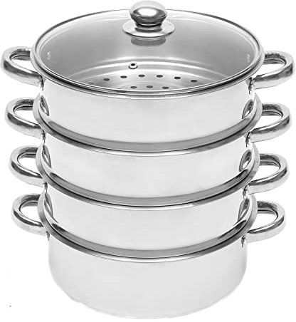 Mermajestic Vaporera universal de 5 capas de acero inoxidable, ollas de 28 y 32 cm, agitador de vapor visible para cocinar al vapor, cocinar y guisar, 42 cm, 4 cestas de cocción al vapor