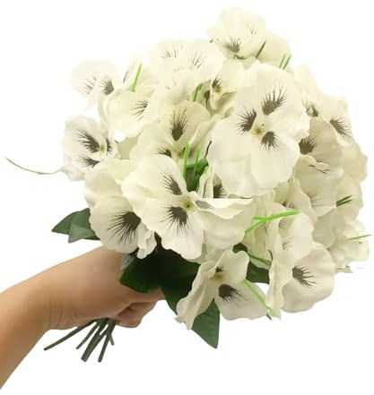 DODXIAOBEUL 6 Bundles Artificial Silk Flowers 13.7'' Faux Pansy Flowers UV Resistant Plastic Plants for Home Wedding Garden Porch Table Centerpieces Indoor Outdoor Decor,White