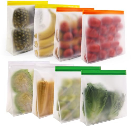 SumDirect Stand-Up Reusable Freezer Bags - PEVA Resealable Food Ice Ball Storage Bags, BPA-Free, Dishwasher & Freezer Safe,Leak-Resistant, Secure Seal for Meal Prep, Snacks, Ice Cubes, 4 Pcs (8, XL)