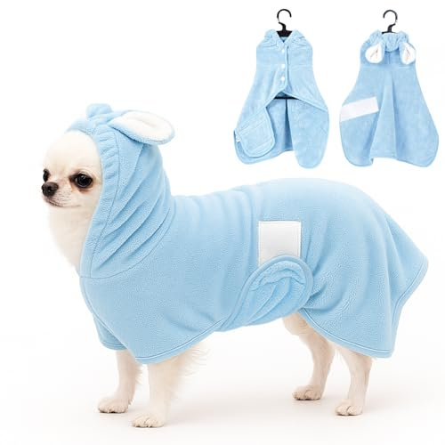 Fnaobai Pet Bathrobe Towel Dog Cat Drying Coat Super Absorbent Cute Dogs Bath Towel Hooded Robe Adjustable Collar & Belly Strap for XSmall to XLarge Pets (Blue, X-Small)