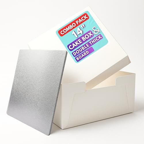 Pack N Trade 14 Inch White Cake Box & 14″ Silver Foil Square Cake Board Combo – 3mm Double Thick MDF Board, Reusable & Sturdy Cake Base, Ideal for Safely Carrying and Transporting Cakes