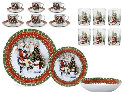 Servizio di piatti completo di Bicchieri e Tazzine per 6 posti Tavola con Motivi Natalizi babbo albero di natale con addobbi idea Regalo