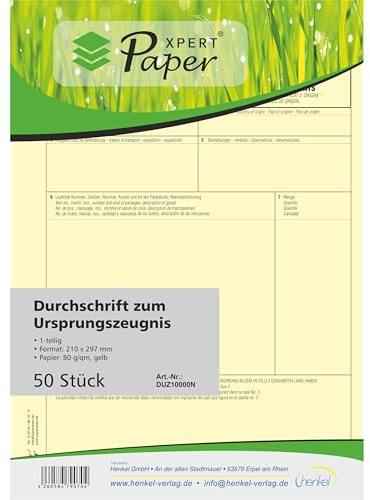 PaperXpert Durchschrift zum Ursprungszeugnis x 50 | 1-teilig | gelbe Kopie | DIN A4 Einzelblätter | Für Laser- & Inkjetdrucker | Premium Markenqualität – Made in Germany