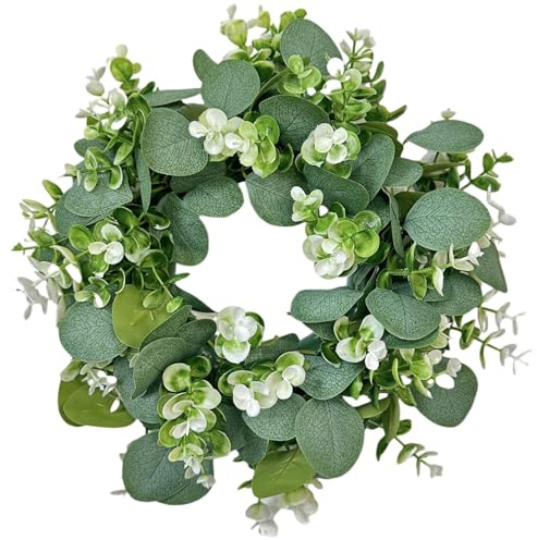 Corona de eucalipto, Corona de Puerta, eucalipto Realista de 14 Pulgadas con Flores, Guirnalda Artificial Colgante para Puerta de Entrada, Pared, Ventana, Porche, Artificial