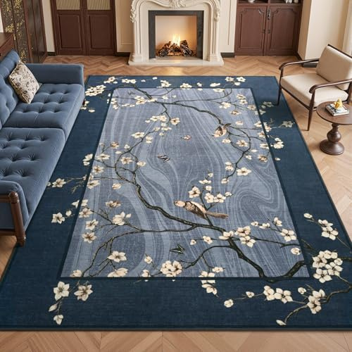 Opreine 8x10 Area Rugs for Living Room, Oriental Floral Birds Large Washable Rug for Bedroom, Soft Low Pile Non Slip Carpet for Dining Room Kids Room Farmhouse Office Home Decor, Blue
