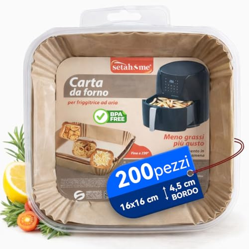 Carta da forno 50 fogli 16x16 cm con bordo 4,5 cm per friggitrice ad aria | Niente da lavare dopo – Meno grassi nella cottura – Non si attacca al cibo