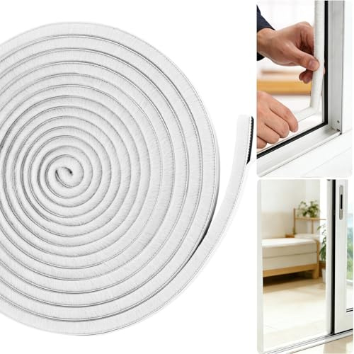 Draught Excluder for Doors and Windows, White, 9mm x 9mm x 6M | Self Adhesive Brush Weather Stripping,High Density Pile Seal Strip for Sliding Door- Windproof, Soundproof & Energy Saving