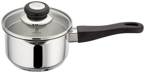 Judge Vista Draining Stainless Steel Medium Saucepan with Pouring Lip 14cm 1L, Shatterproof Glass Strain & Pour Lid, Induction Ready, Oven Safe