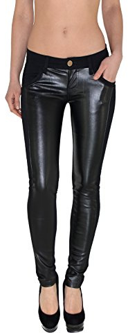 ESRA Damen Lederhose Damen Hose tiefer Bund in Leder Optik Straight-Fit Hüfthose für Frauen H12